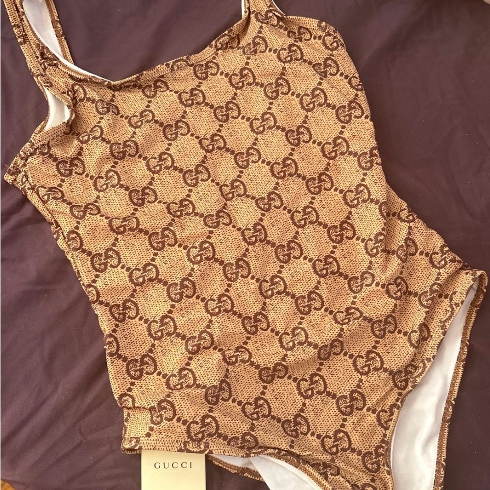 Gucci Tan Fitted Bodysuit with Monogram Print
